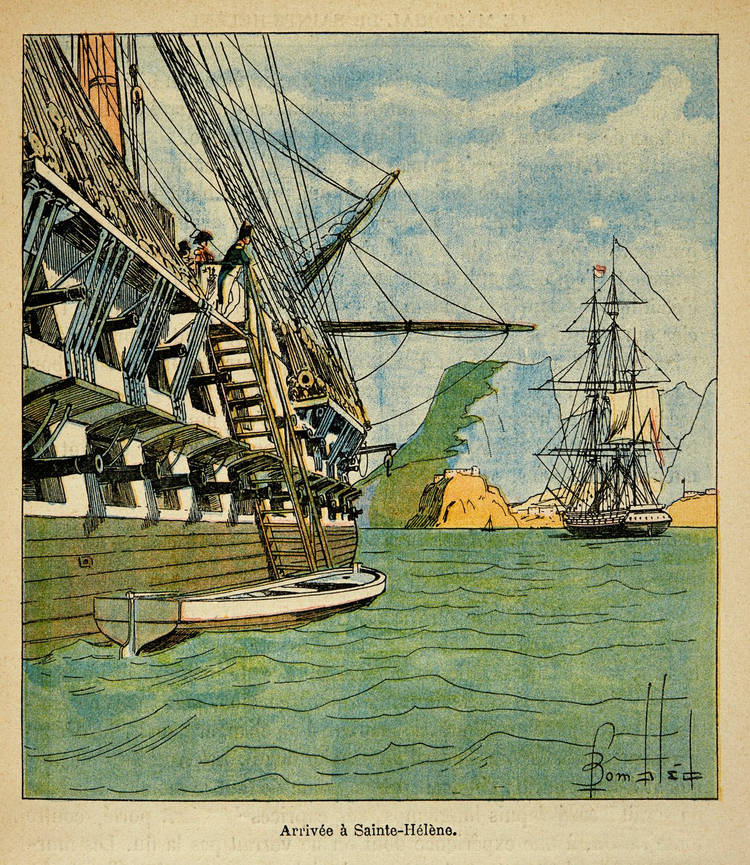 Illustration af den bombede Louis (1862-1927) fra bogen "The Memorial of Saint Helene" af grev Emmanuel de Las Cases (1766-1842): Napoleons ankomst til Sainte Helene den 15. oktober af Louis Charles Bombled