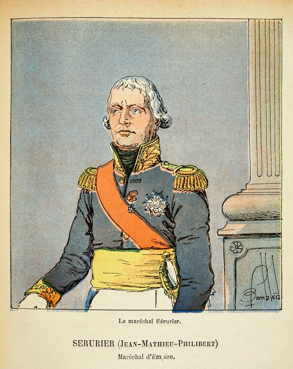 Illustration af den bombede Louis (1862-1927) fra bogen "The Memorial of Saint Helene" af grev Emmanuel de Las Cases (1766-1842): Portræt af marechalen Jean Mathieu Philibert Serurier (1742-1819), privat samling af Louis Charles Bombled