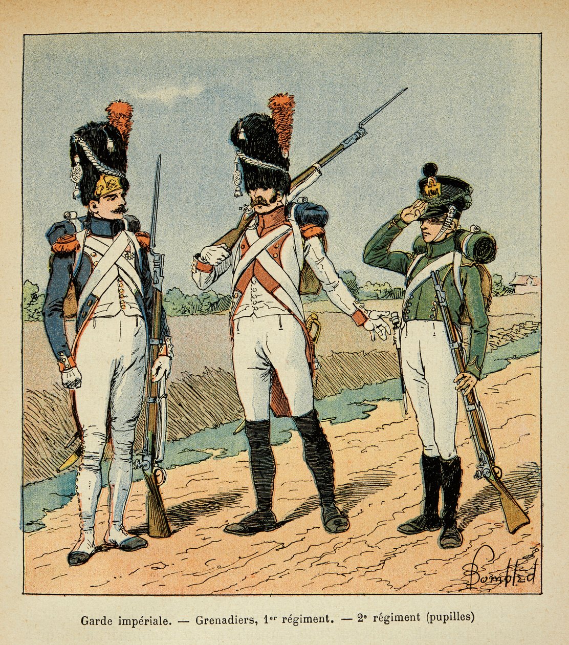 Illustration af den bombede Louis (1862-1927) fra bogen "The Memorial of Saint Helene" af Grev Emmanuel de Las Cases (1766-1842): Garde Imperiale; Grenader af 1. regiment; elever af 2. regiment, Privatsamling af Louis Charles Bombled