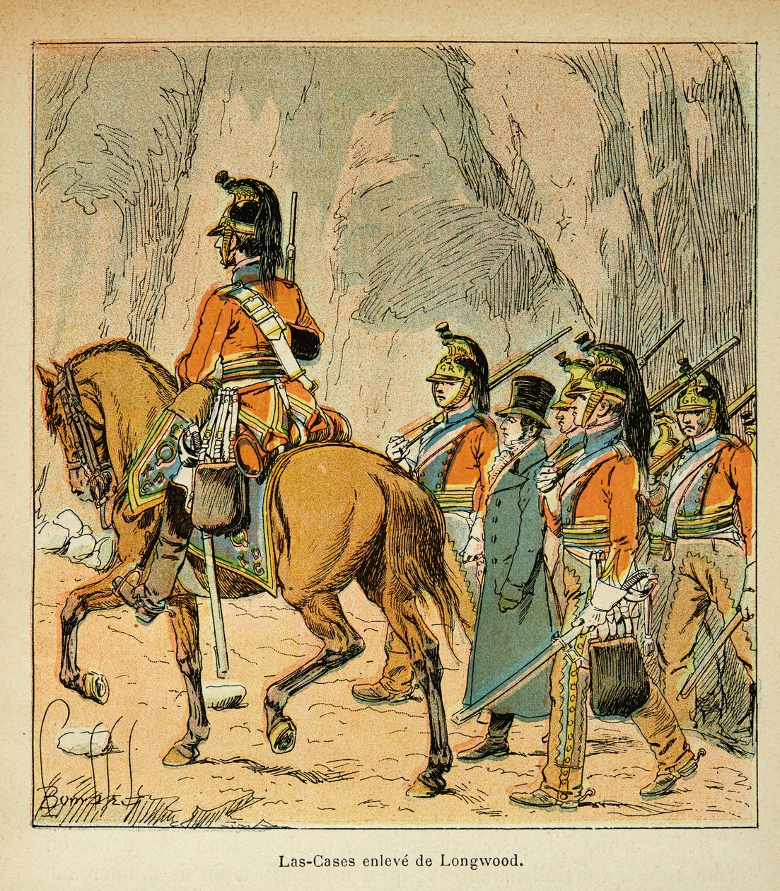 Illustration af bombede Louis (1862-1927) fra bogen "The Memorial of Saint Helene" af grev Emmanuel de Las Cases (1766-1842): Las Cases arrete efter ordre fra Hudson Lowe (1769-1844) Privat samling af Louis Charles Bombled