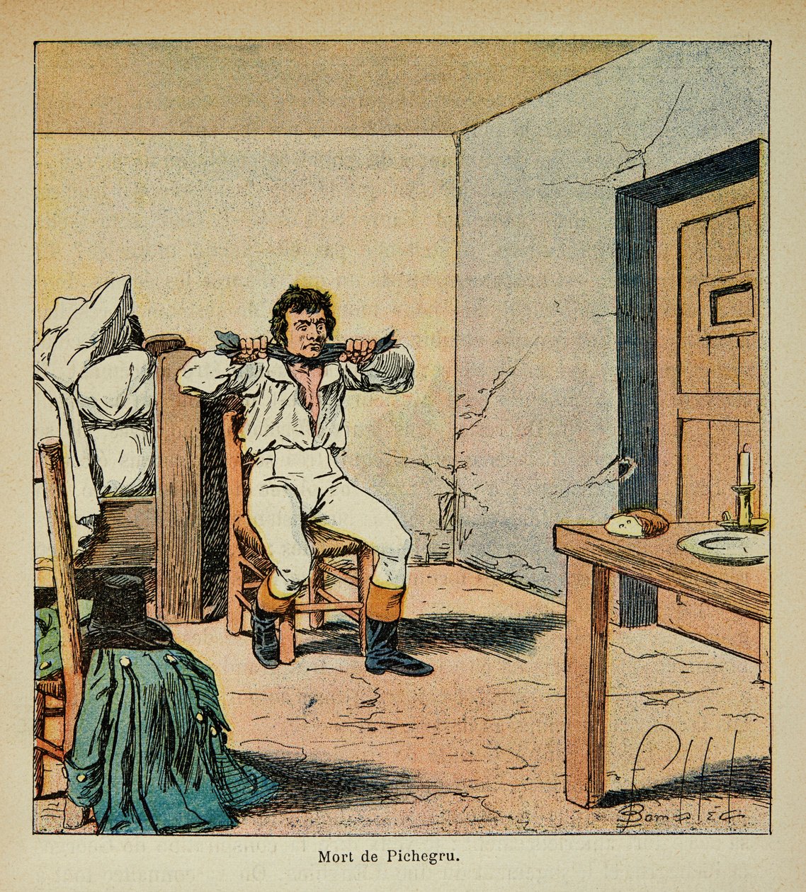 Illustration af den bombede Louis (1862-1927) fra bogen "The Memorial of Saint Helene" af grev Emmanuel de Las Cases (1766-1842): Jean Charles Pichegrus (1761-1804) død i sit fængsel i 1804, privat samling af Louis Charles Bombled