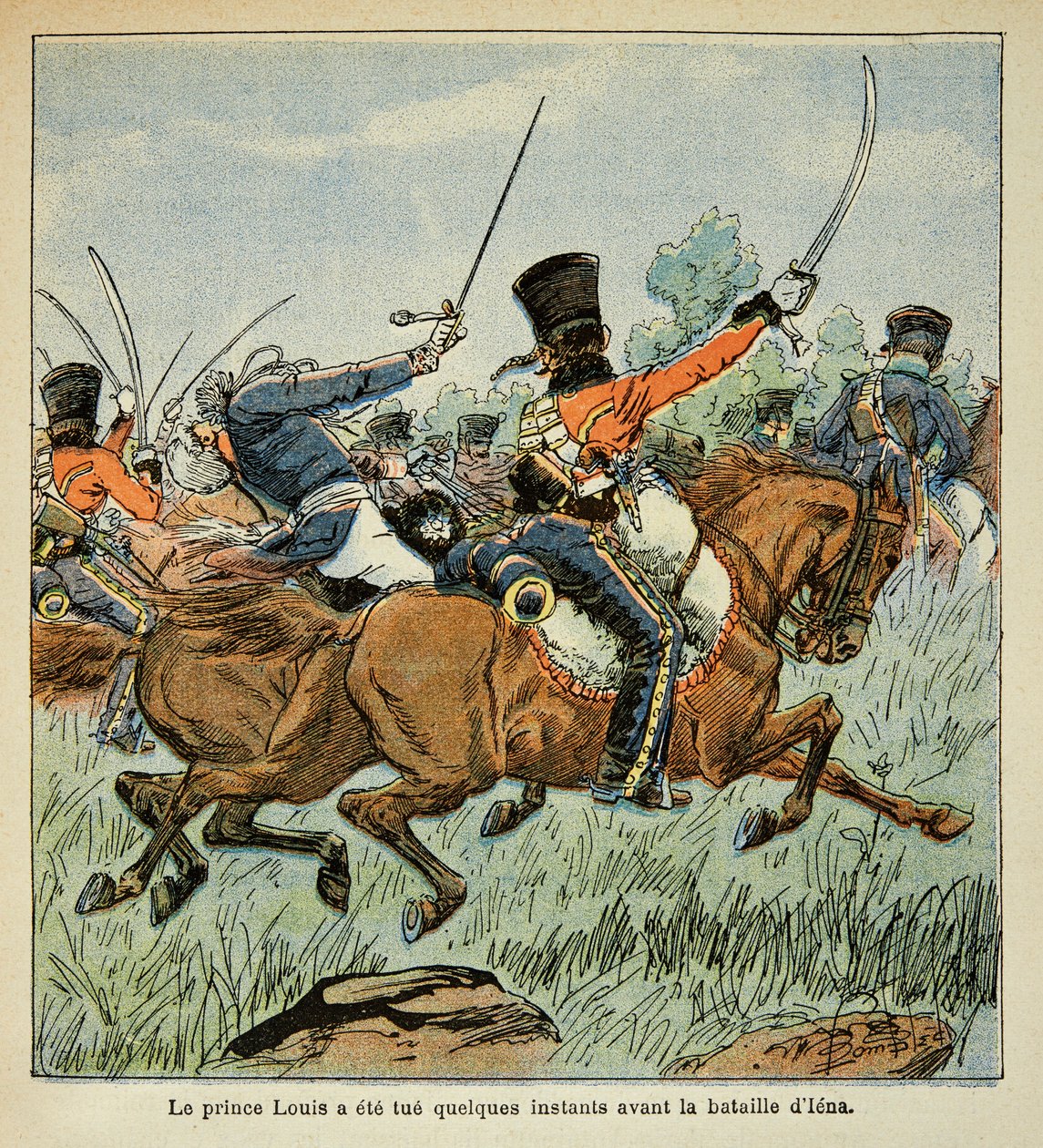 Illustration af den bombede Louis (1862-1927) fra bogen "The Memorial of Saint Helene" af grev Emmanuel de Las Cases (1766-1842): Prins Louis Ferdinand af Preussens død (1772-1806) under slaget ved Saalfeld i oktober 10 af Louis Charles Bombled