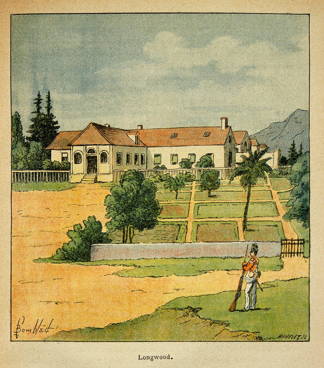 Illustration af den bombede Louis (1862-1927) fra bogen "The Memorial of Saint Helene" af grev Emmanuel de Las Cases (1766-1842): Udsigt over Longwood til Ste Helene, privat samling af Louis Charles Bombled