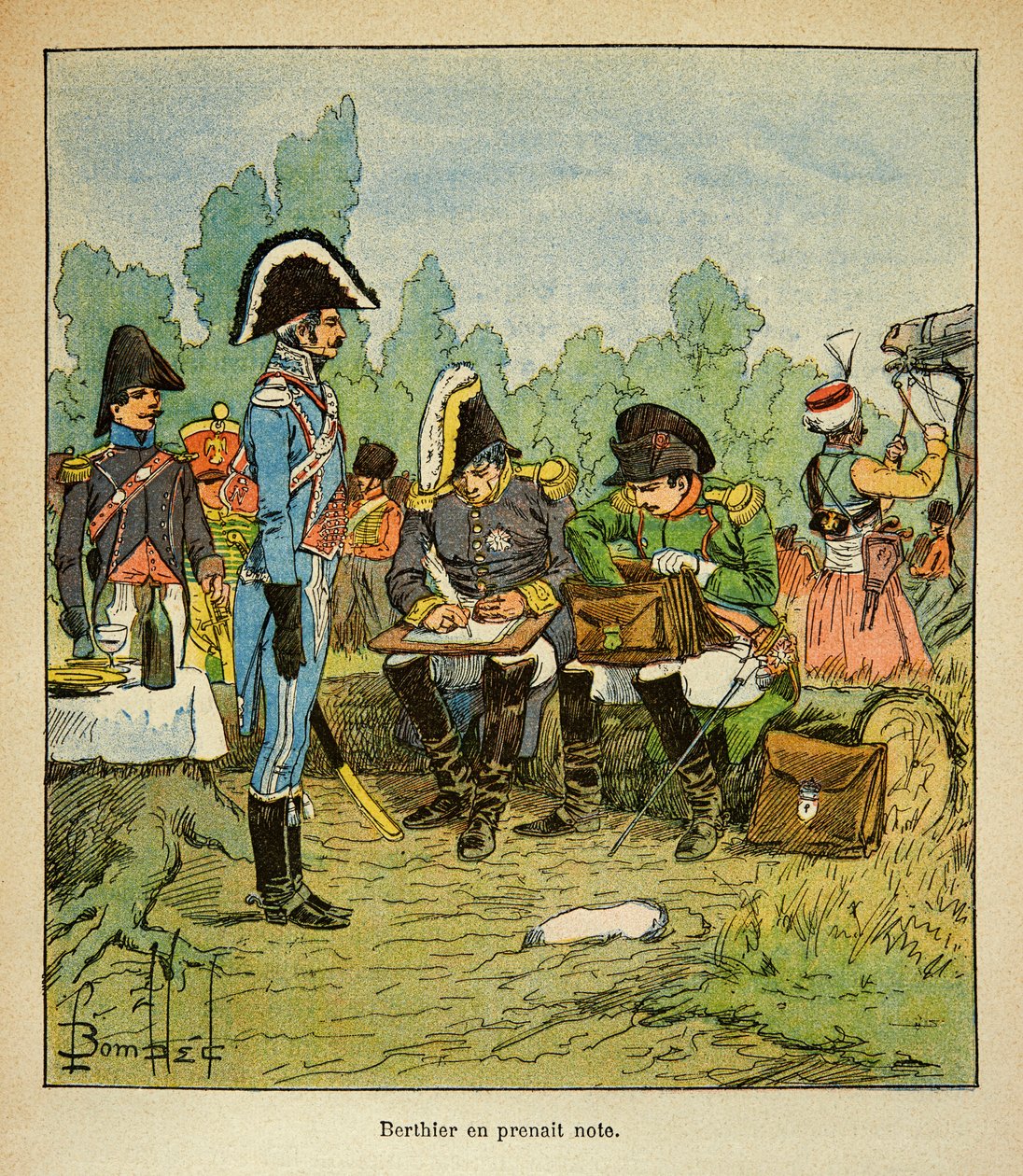 Illustration af den bombede Louis (1862-1927) fra bogen "The Memorial of Saint Helene" af grev Emmanuel de Las Cases (1766-1842): Marechal Louis Alexandre Berthier (1753-1815) noterer ordrerne fra Napoleon, Collection Partial af Louis Charles Bombled