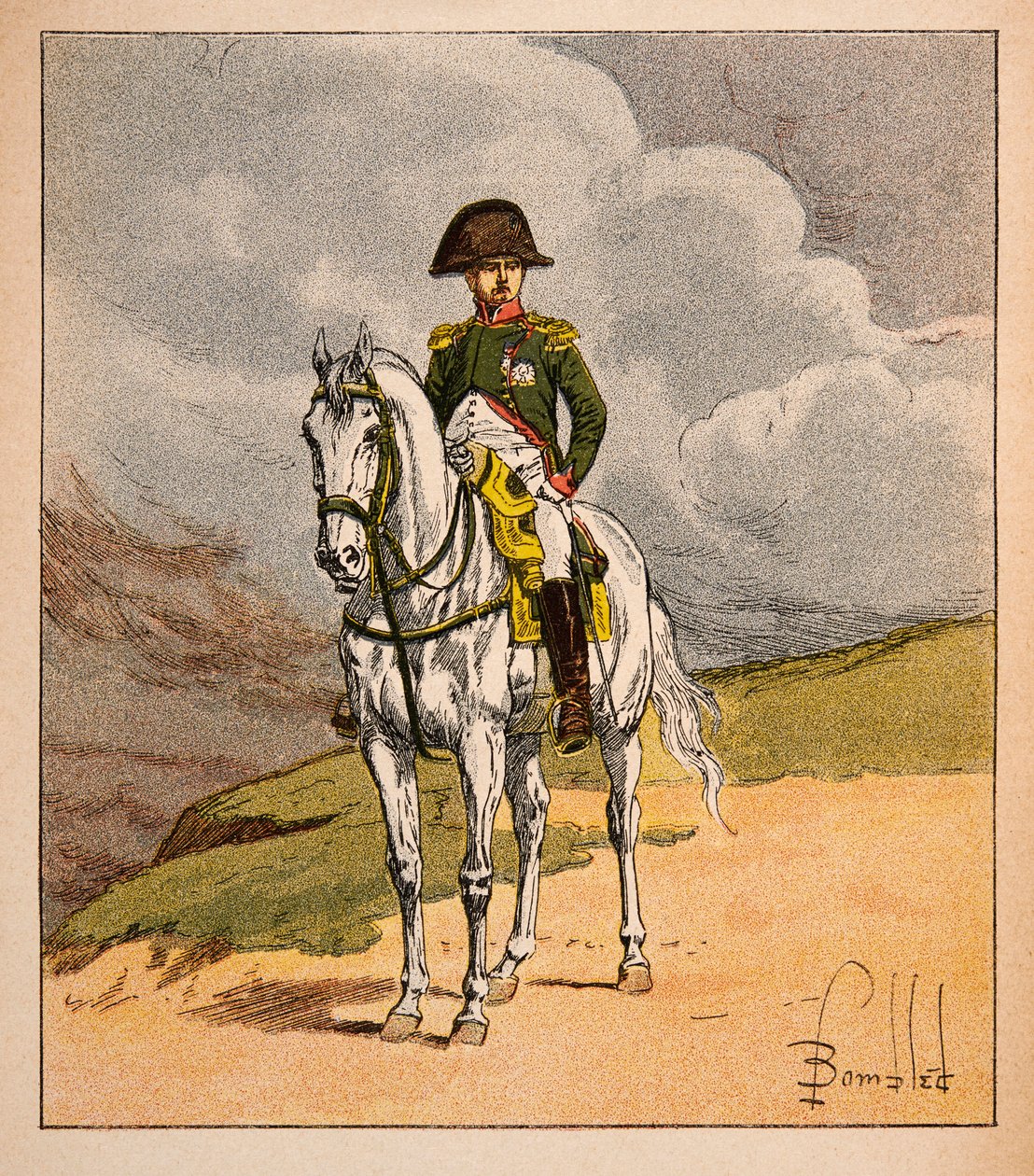 Illustration af den bombede Louis (1862-1927) fra bogen "The Memorial of Saint Helene" af grev Emmanuel de Las Cases (1766-1842): Rytterportræt af kejser Napoleon 1.er, privat samling af Louis Charles Bombled