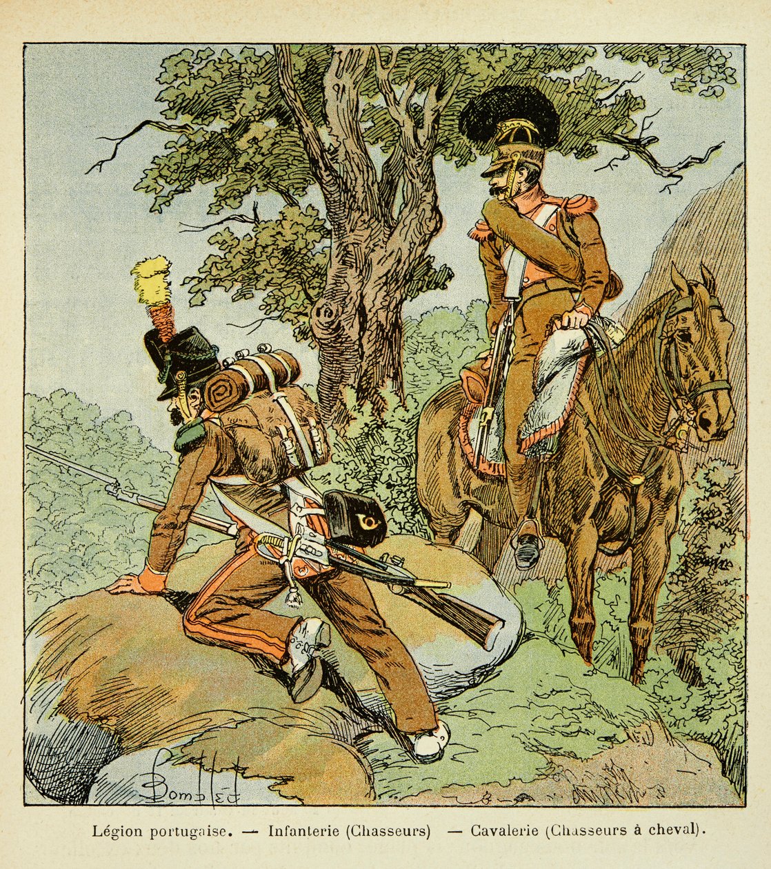 Illustration af den bombede Louis (1862-1927) fra bogen "The Memorial of Saint Helene" af grev Emmanuel de Las Cases (1766-1842): Portugisisk legion: Infanteri (jægere) og kavaleri (jægere til hest), Privat samling af Louis Charles Bombled