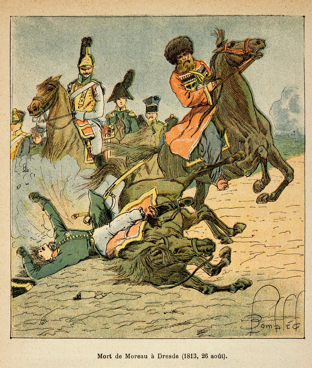 Illustration af den bombede Louis (1862-1927) fra bogen "The Memorial of Saint Helene" af grev Emmanuel de Las Cases (1766-1842): General Jean Victor Marie Moreaus (1763-1813) død i slaget ved Dresden den 26. august 1813, Privat Samling af Louis Charles Bombled
