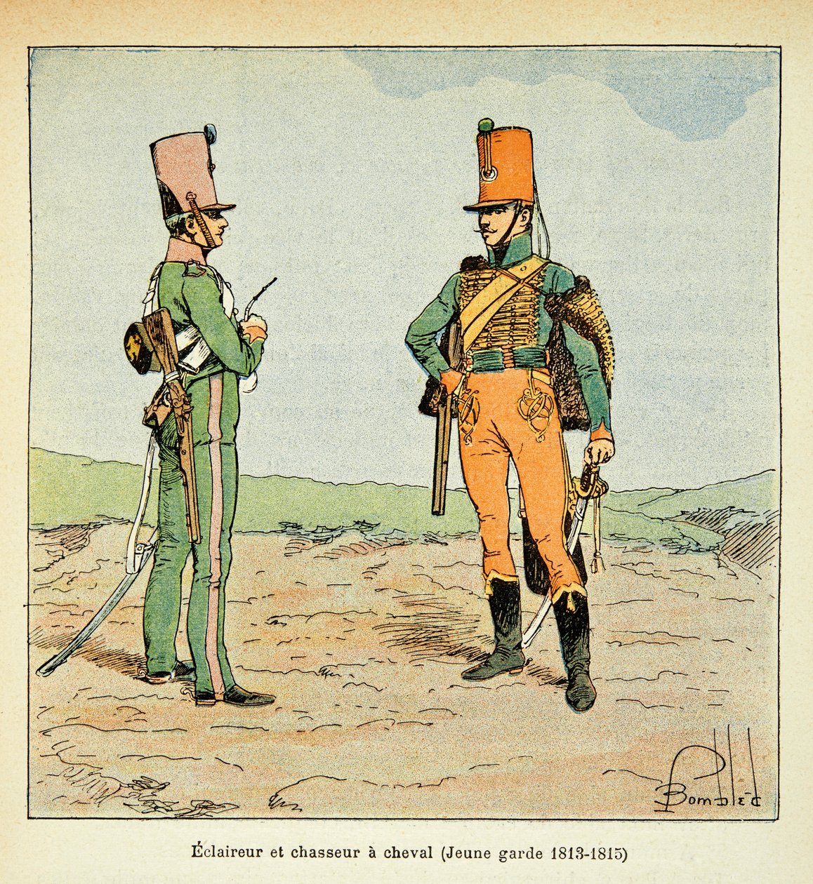 Illustration af bombede Louis (1862-1927) fra bogen "The Memorial of Saint Helene" af Grev Emmanuel de Las Cases (1766-1842): Armee Francaise: Spejder og jæger af den unge garde 1813 - 1815, Privat samling af Louis Charles Bombled