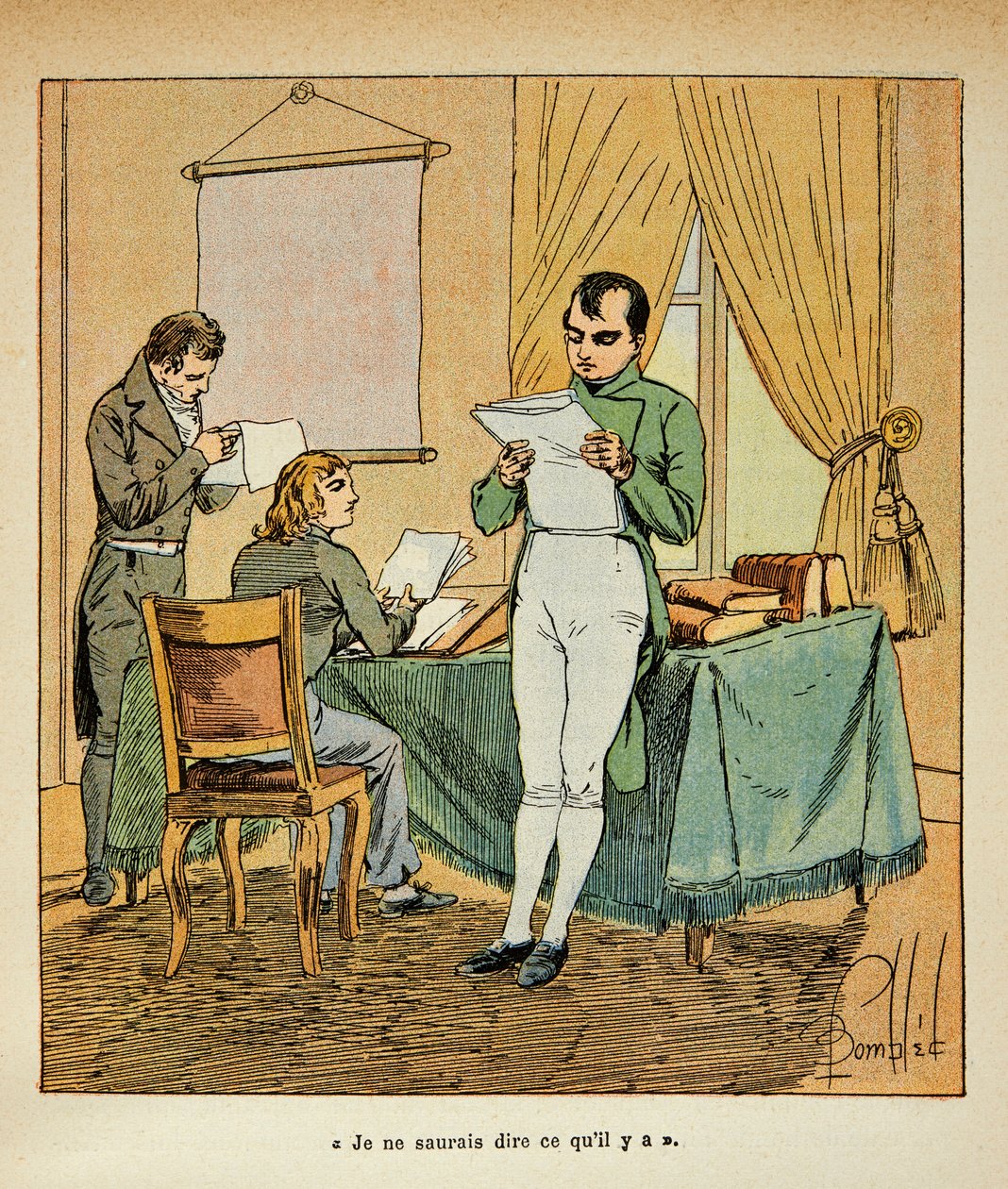 Illustration af den bombede Louis (1862-1927) fra bogen "The Memorial of Saint Helene" af grev Emmanuel de Las Cases (1766-1842): læsning af engelske aviser af Napoleon a Ste Helene, privat samling af Louis Charles Bombled