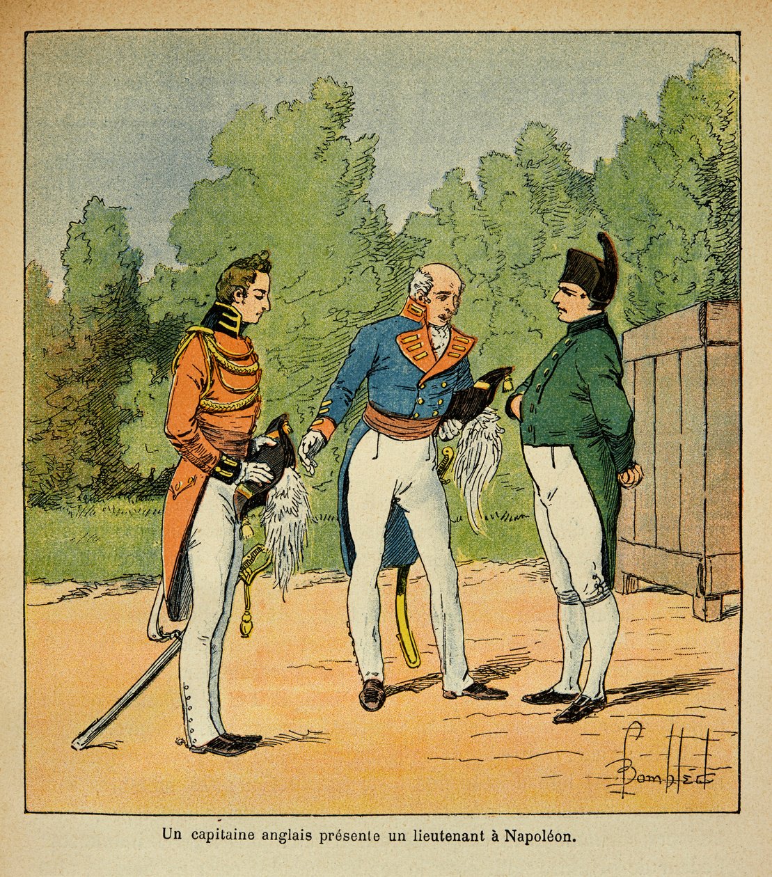 Illustration af den bombede Louis (1862-1927) fra bogen "The Memorial of Saint Helene" af grev Emmanuel de Las Cases (1766-1842): Til St. Helene, en engelsk kaptajn præsenterer for kejser Napoleon en løjtnant, privat samling af Louis Charles Bombled