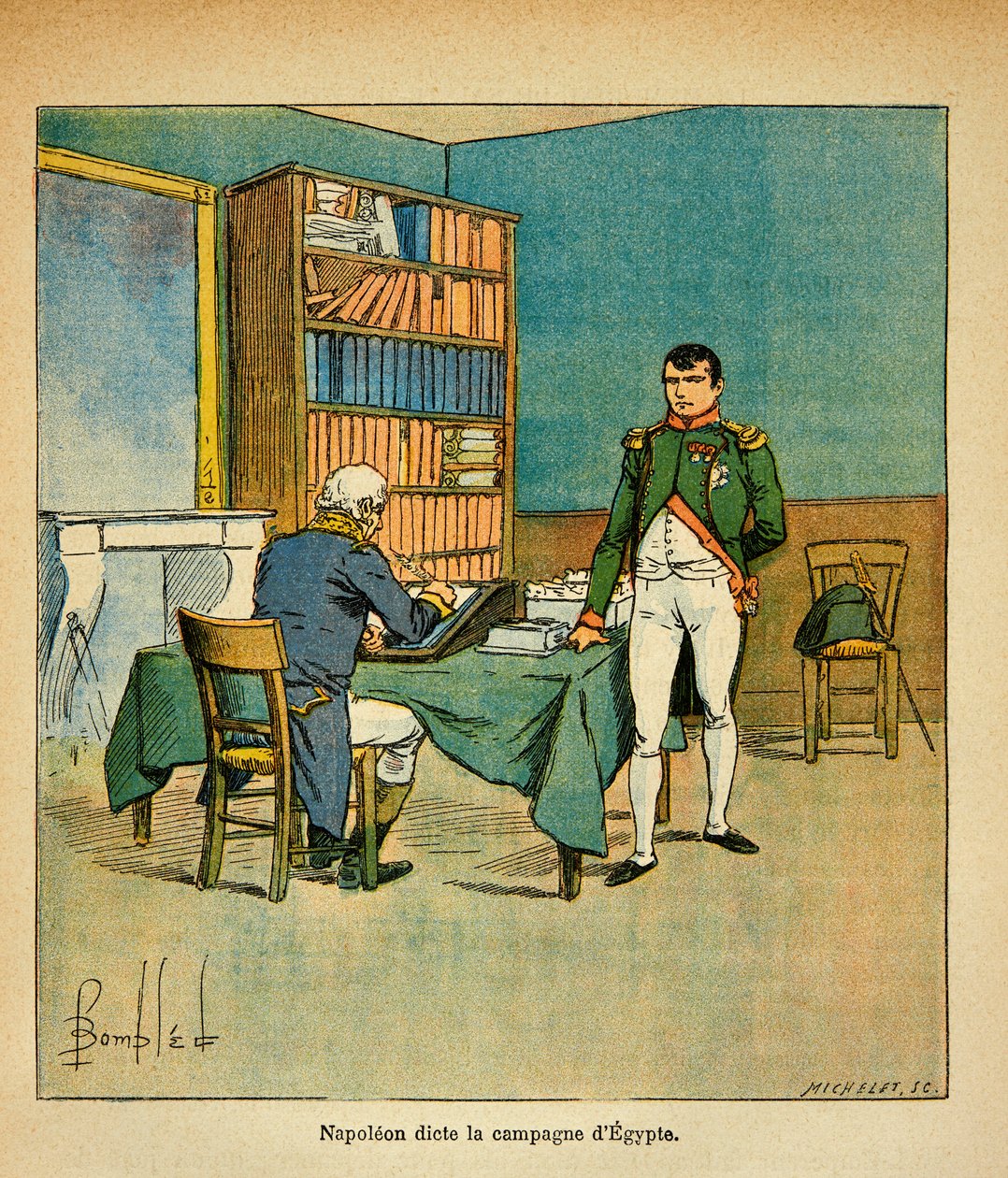 Illustration af den bombede Louis (1862-1927) fra bogen "The Memorial of Saint Helene" af grev Emmanuel de Las Cases (1766-1842): I eksil dikterer kejser Napoleon sine mindesmærker for den store marechal Henri Gatien Bertrand (1773-1844) ) på den egyptiske af Louis Charles Bombled