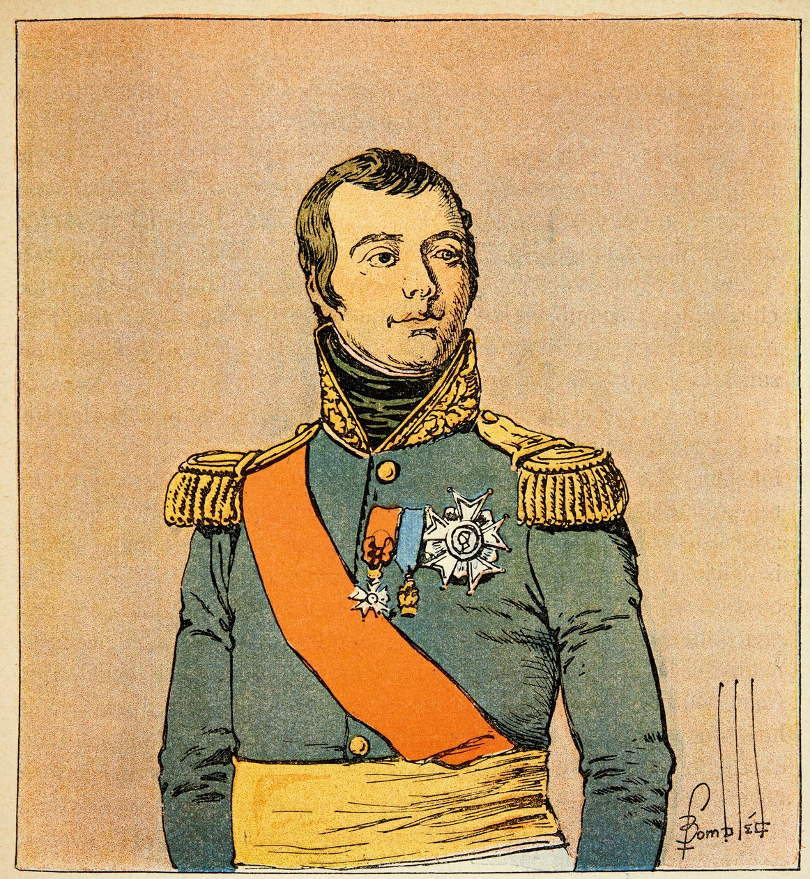 Illustration af den bombede Louis (1862-1927) fra bogen "The Memorial of Saint Helene" af grev Emmanuel de Las Cases (1766-1842): Portræt af Marechal Etienne Macdonald (1765-1840), hertug af Taranto, privat samling af Louis Charles Bombled