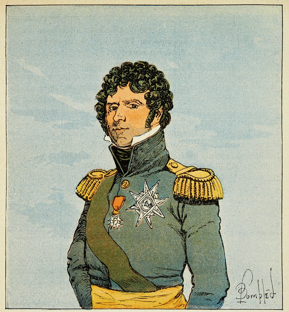 Illustration af den bombede Louis (1862-1927) fra bogen "The Memorial of Saint Helene" af Grev Emmanuel de Las Cases (1766-1842): Portræt af marechal Jean Baptiste Bernadotte (1763-1844) kendt som Sergent Belle Leg, Prince af Ponte Corvo, konge af Sue af Louis Charles Bombled