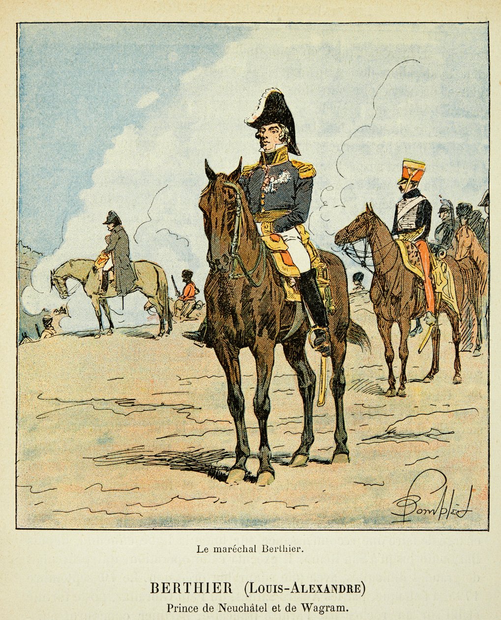 Illustration af den bombede Louis (1862-1927) fra bogen "The Memorial of Saint Helene" af grev Emmanuel de Las Cases (1766-1842): Rytterportræt af marechal Louis Alexandre Berthier (1753-1815), prins af Neufchatel og af Wagram, Private Collect af Louis Charles Bombled