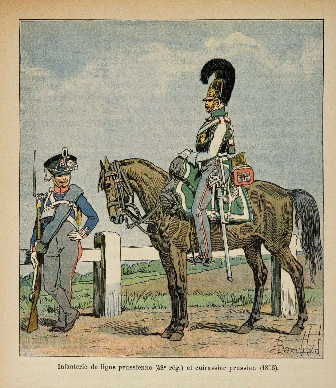 Illustration af den bombede Louis (1862-1927) fra bogen "The Memorial of Saint Helene" af grev Emmanuel de Las Cases (1766-1842): Infanteri af den preussiske linje (42, eme regiment) og preussiske slagskibe af Louis Charles Bombled