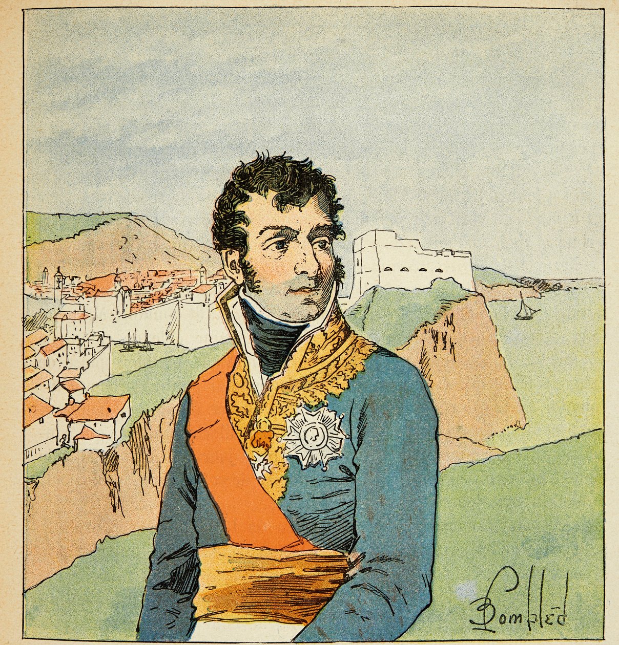 Illustration af Bombled Louis (1862-1927) fra bogen "The Memorial of Saint Helene" af grev Emmanuel de Las Cases (1766-1842): Portræt af marskalk Auguste Frederic Louis (Auguste-Frederic-Louis) af Viesse de Marmont (1774-1852), hertug af Raguse, Pr af Louis Charles Bombled