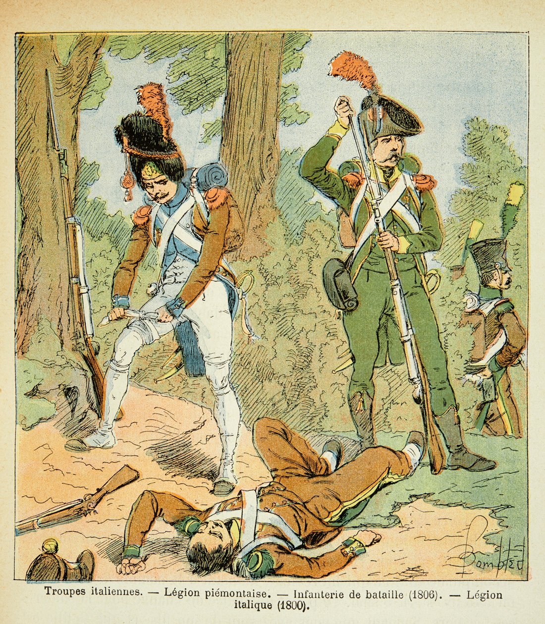 Illustration af Bombled Louis (1862-1927) fra bogen "The Memorial of Saint Helene" af grev Emmanuel de Las Cases (1766-1842): Italienske tropper, Piemontaise-legionen: Battle Infantry (1806, Italic Legion (1800), Private Collection) af Louis Charles Bombled