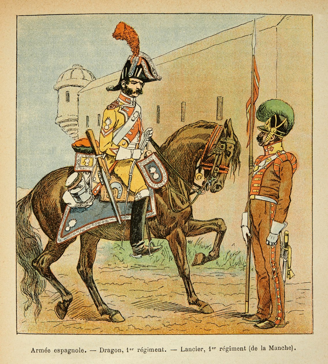 Illustration af den bombede Louis (1862-1927) fra bogen "The Memorial of Saint Helene" af grev Emmanuel de Las Cases (1766-1842): Spanish Armee: Dragon of the 1st Regiment and Lancier of the 1st Regiment of the Channel, Private Kollektion af Louis Charles Bombled