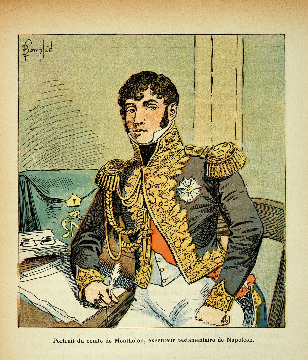 Illustration af Bombled Louis (1862-1927) fra bogen "The Memorial of Saint Helene" af grev Emmanuel de Las Cases (1766-1842): Portræt af grev Charles Tristan af Montholon (1783-1853), kejser Napoleons eksekutor, Private Collection af Louis Charles Bombled