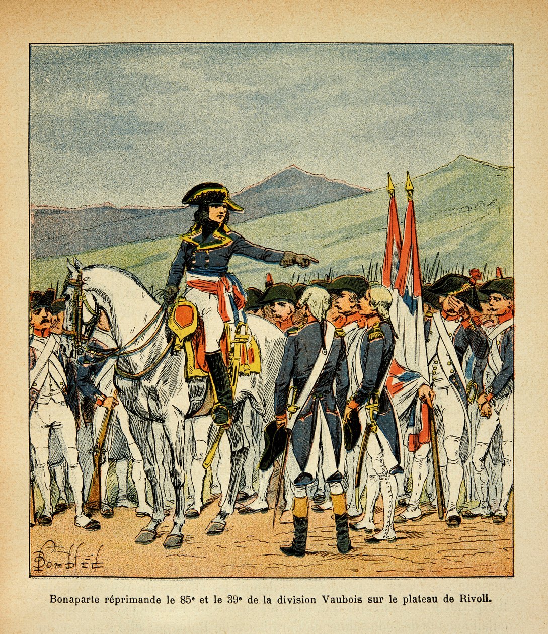 Illustration af den bombede Louis (1862-1927) fra bogen "The Memorial of Saint Helene" af grev Emmanuel de Las Cases (1766-1842): Bonaparte irettesætter det 85. og 39. Vaubois-regiment på Rivolis plateau, privat samling af Louis Charles Bombled