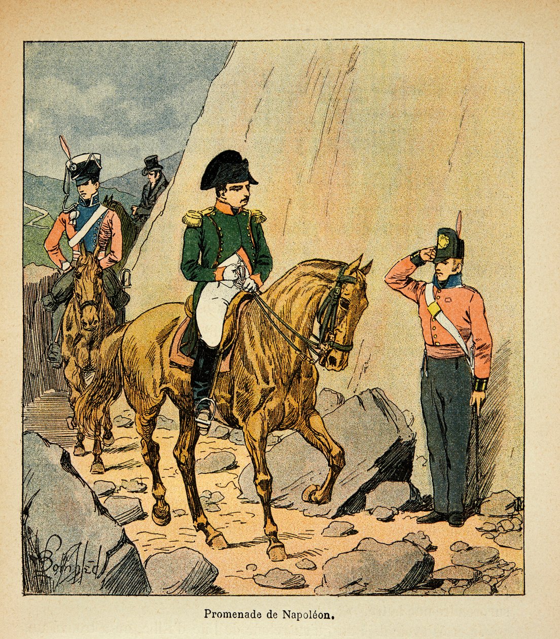 Illustration af den bombede Louis (1862-1927) fra bogen "The Memorial of Saint Helene" af grev Emmanuel de Las Cases (1766-1842): Kejser Napoleons promenade til St. Helene, privat samling af Louis Charles Bombled