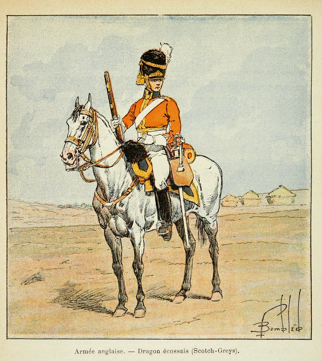 Illustration af den bombede Louis (1862-1927) fra bogen "The Memorial of Saint Helene" af grev Emmanuel de Las Cases (1766-1842): Engelsk Armee: Scottish Dragons (scotch greys), privat samling af Louis Charles Bombled