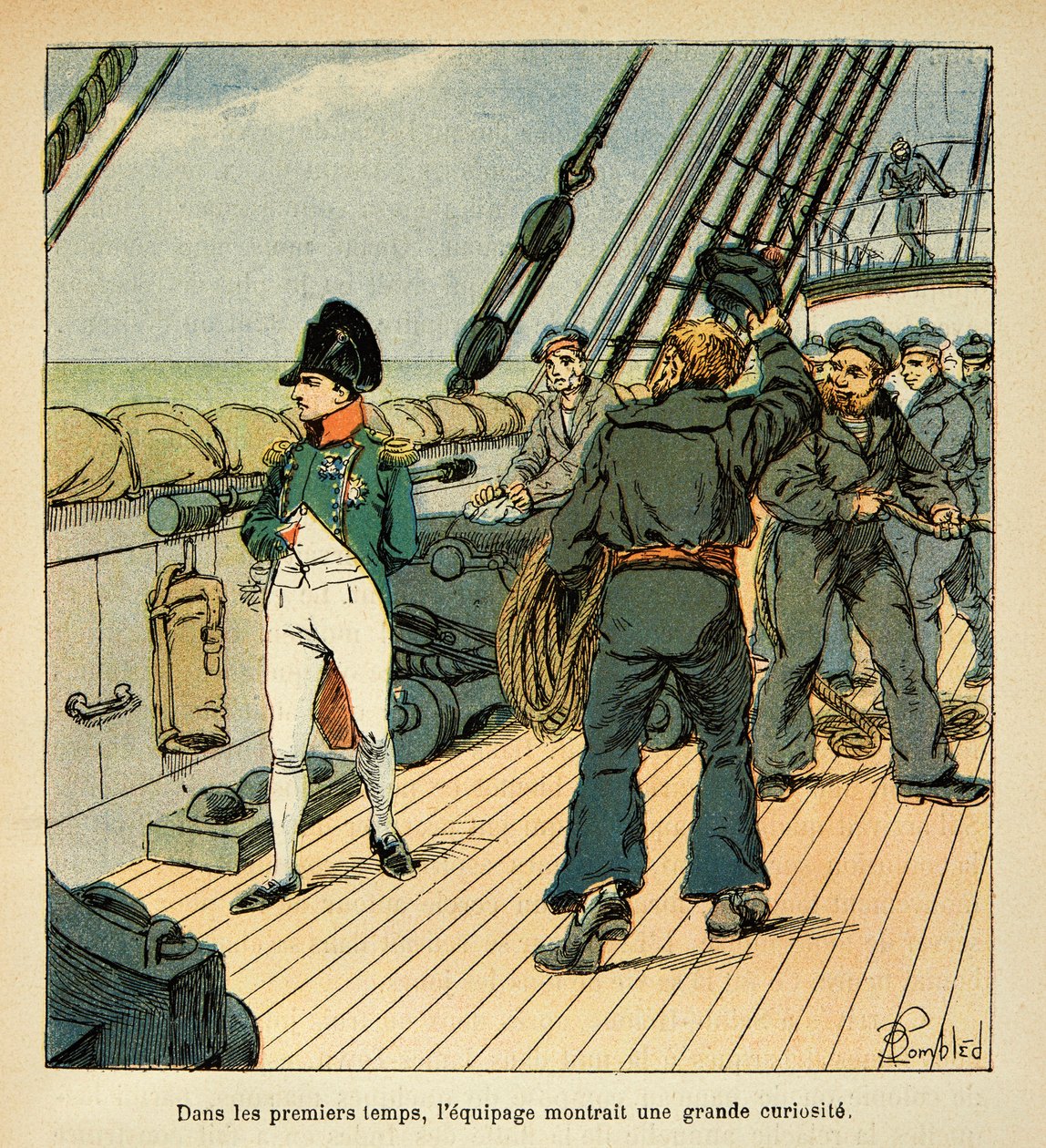 Illustration af den bombede Louis (1862-1927) fra bogen "The Memorial of Saint Helene" af grev Emmanuel de Las Cases (1766-1842): Napoleon på vej til St. Helene ombord på Northumberland tiltrækker besætningens sympati, Private Collection af Louis Charles Bombled
