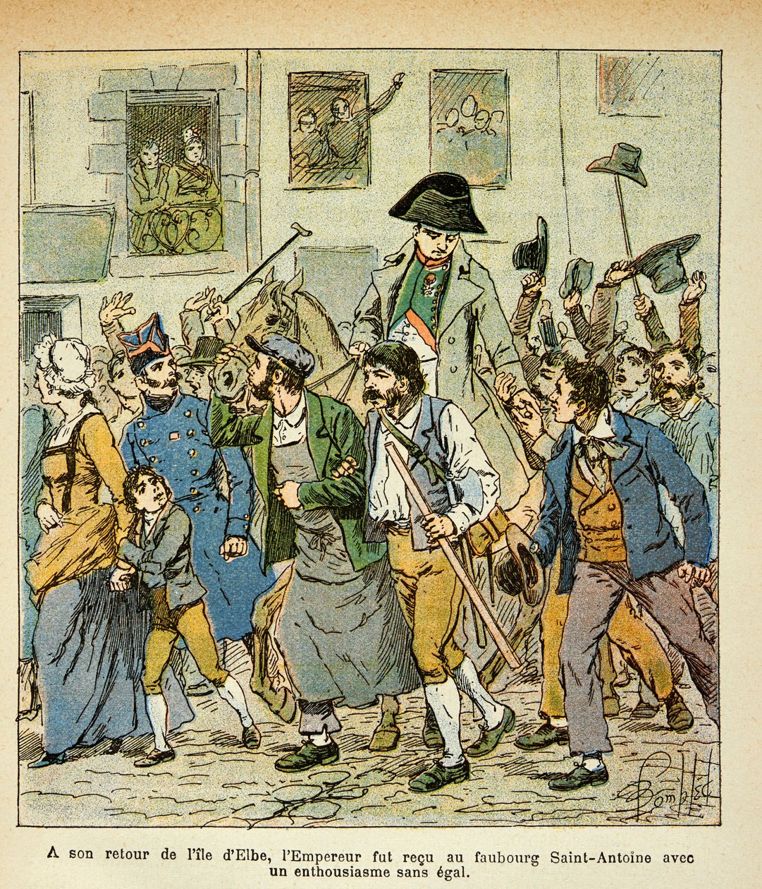 Illustration af den bombede Louis (1862-1927) fra bogen "The Memorial of Saint Helene" af grev Emmanuel de Las Cases (1766-1842): Da han vendte tilbage fra Elba, blev kejseren modtaget i faubourg Saint Antoine med enestående entusiasme, Særlige Collec af Louis Charles Bombled