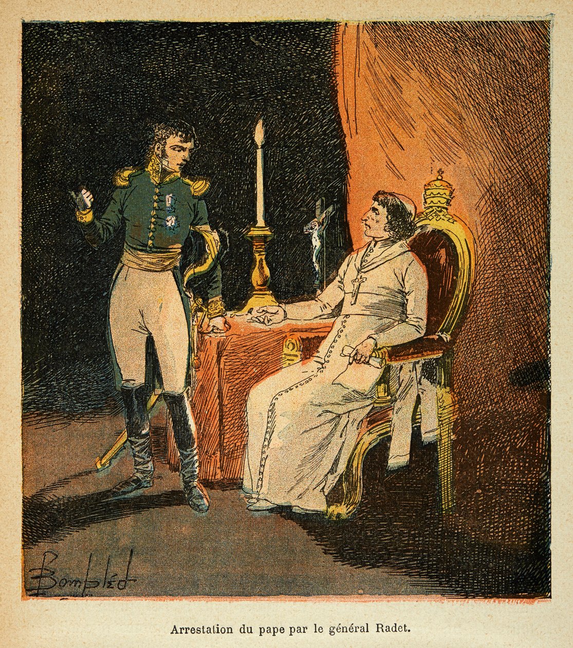 Illustration af den bombede Louis (1862-1927) fra bogen "The Memorial of Saint Helene" af grev Emmanuel de Las Cases (1766-1842): arrestation af pave Pius VII af general Stephen Radet (1762-1825) i 1809, privat samling af Louis Charles Bombled