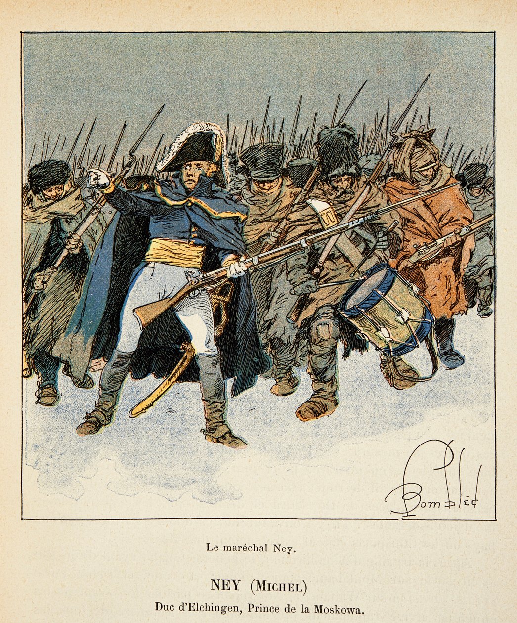 Illustration af den bombede Louis (1862-1927) fra bogen "The Memorial of St. Helene" af grev Emmanuel de Las Cases (1766-1842): Portræt af marechal Michel Ney (1769-1815), hertug af Elchingen, prins af Moskova , under Ruslands tilbagetog, Private Collec af Louis Charles Bombled