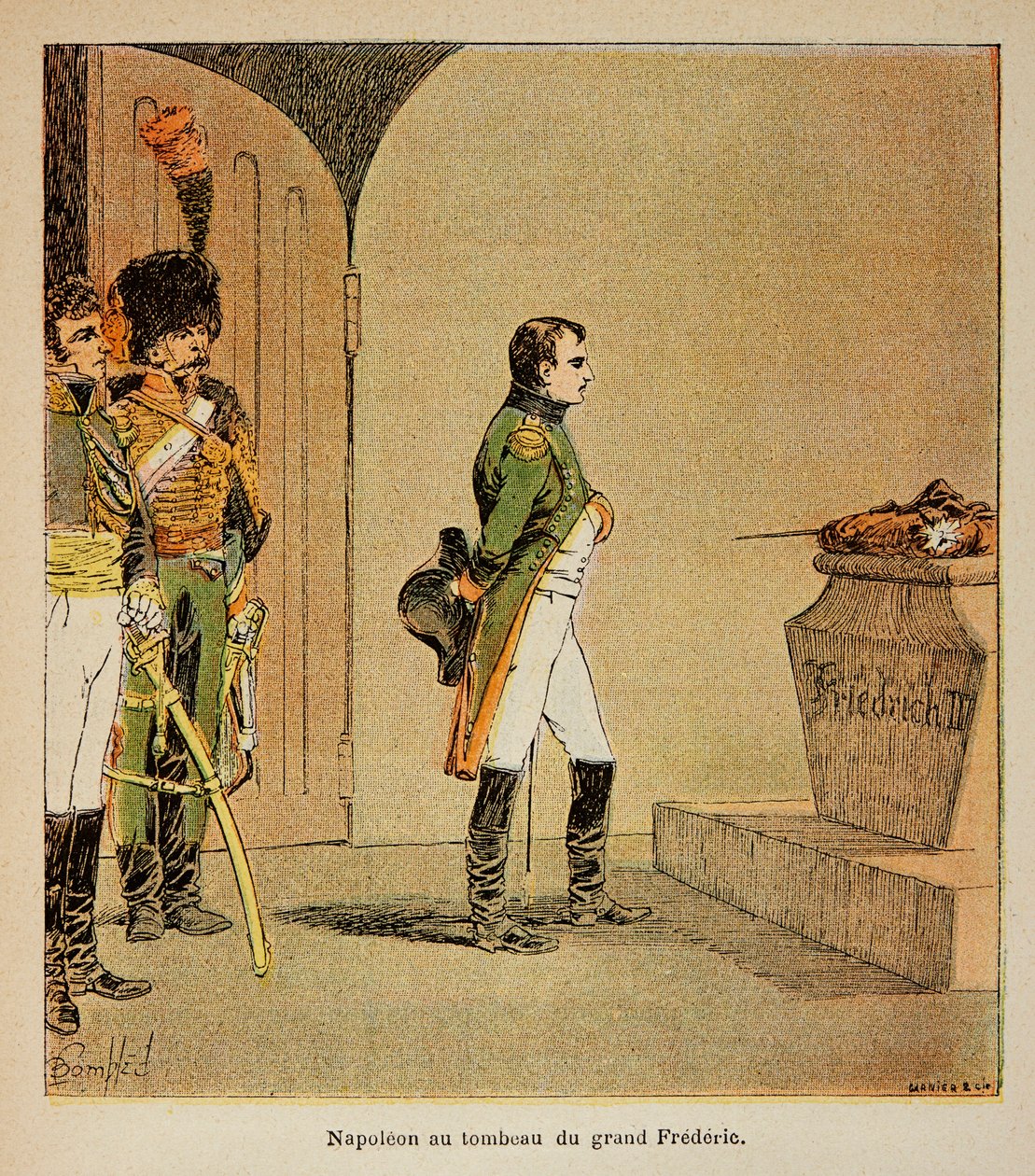 Illustration af den bombede Louis (1862-1927) fra bogen "The Memorial of St. Helene" af Grev Emmanuel de Las Cases (1766-1842): Napoleon mediterer på Frederik II af Preussens kiste i krypten i GarnisonKirche i Potsdam i 1806, Private Collecti af Louis Charles Bombled