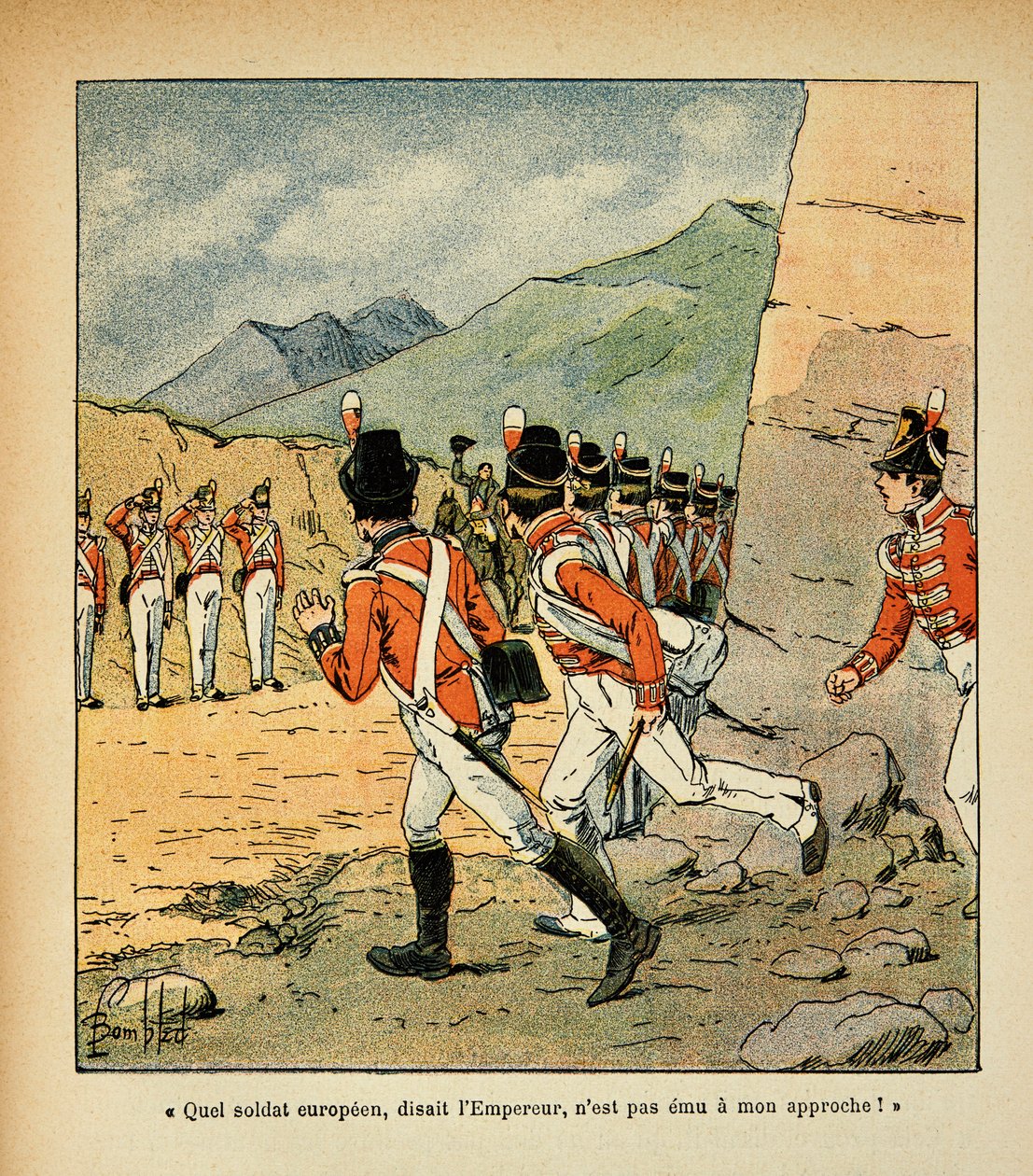 Illustration af den bombede Louis (1862-1927) fra bogen "The Memorial of St. Helene" af Grev Emmanuel de Las Cases (1766-1842): Kejser Napoleon hilser ved Sankt Helenes garnison, Privatsamling af Louis Charles Bombled