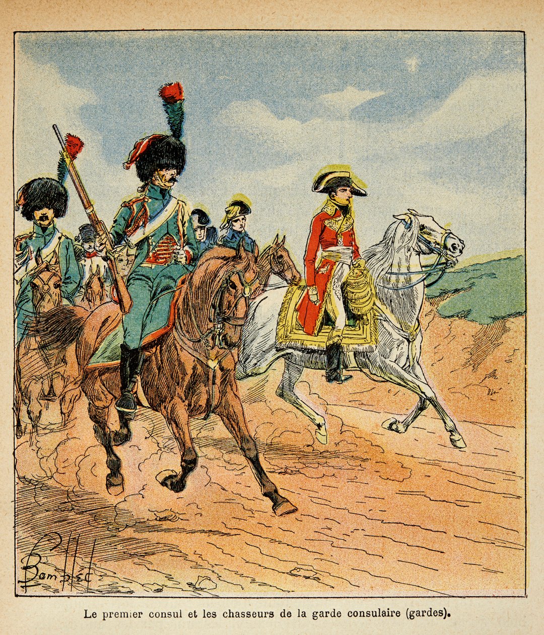 Illustration af den bombede Louis (1862-1927) fra bogen "The Memorial se Sainte Helene" af grev Emmanuel de Las Cases (1766-1842): Konsulgardens første konsul og jægere, privat samling af Louis Charles Bombled