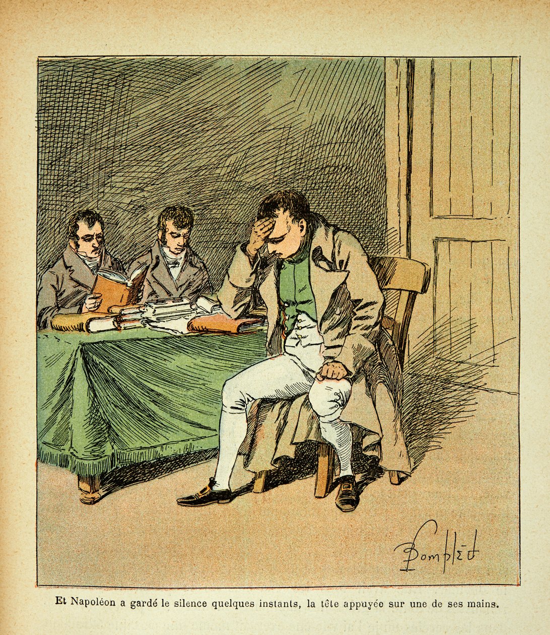 Illustration af den bombede Louis (1862-1927) fra bogen "The memorial se Sainte Helene" af grev Emmanuel de Las Cases (1766-1842): Kejser Napoleon mediterer i reaktionen på sine mindesmærker, Privat samling af Louis Charles Bombled