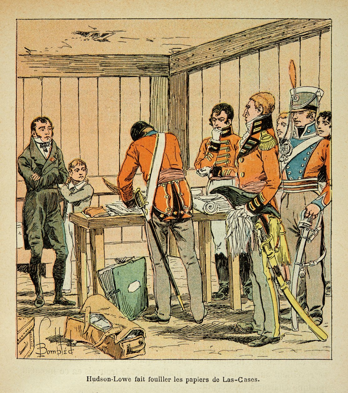 Illustration af den bombede Louis (1862-1927) fra bogen "The memorial se Sainte Helene" af grev Emmanuel de Las Cases (1766-1842): Hudson Lowe (1769-1844) søger i papirerne fra Las Cases, privat samling af Louis Charles Bombled
