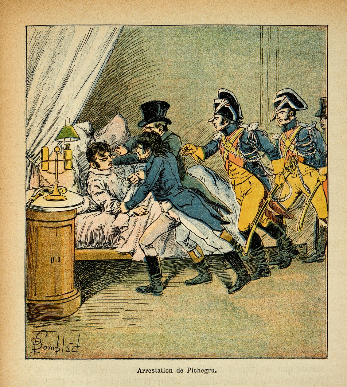Illustration af den bombede Louis (1862-1927) fra bogen "The memorial se Sainte Helene" af grev Emmanuel de Las Cases (1766-1842): Arrestation af Jean Charles Pichegru (1761-1804) den 28. februar 1804, privat samling af Louis Charles Bombled