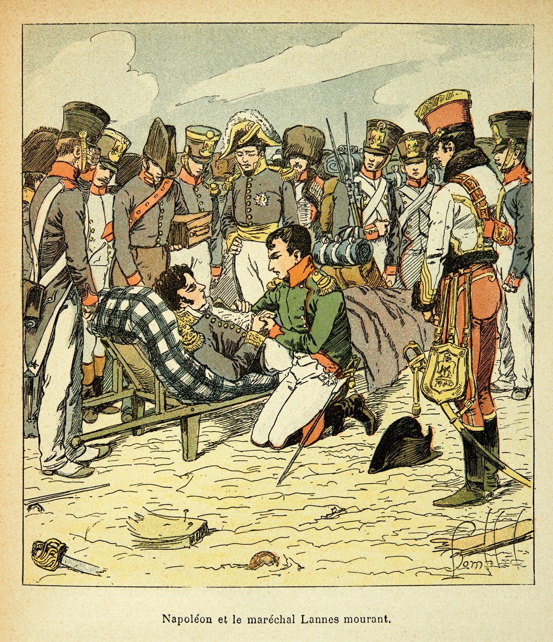 Illustration af Bombled Louis (1862-1927) fra bogen "The memorial se Sainte Helene" af grev Emmanuel de Las Cases (1766-1842): Død af Marskal Jean Lannes (1769-1809), Kejser Napoleon har sine cotes, Private Collection af Louis Charles Bombled