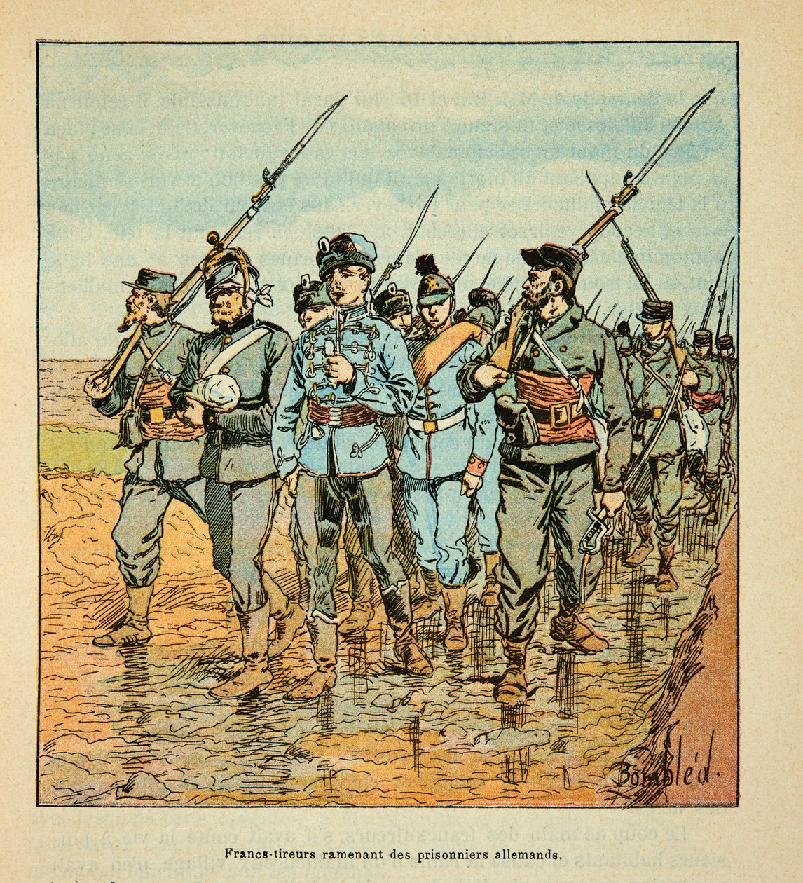 The Army of the Loire af Eugene Sergent, dit Grenest, illustreret af Louis Bombled (1862-1927) (fransk-tyske krig; kampagne 1870-1871): Freesinchers bringer tyske fanger tilbage i oktober 1870, privat samling af Louis Charles Bombled