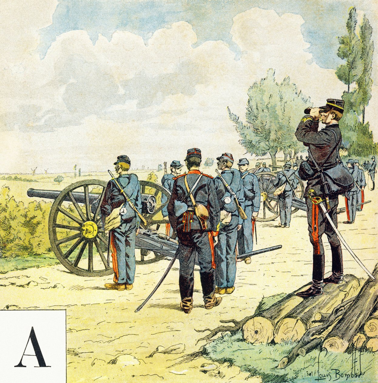 Bogstav A: Gunners, "Je serai soldat" (Jeg vil være en soldat) - Militært alfabet af Louis Charles Bombled