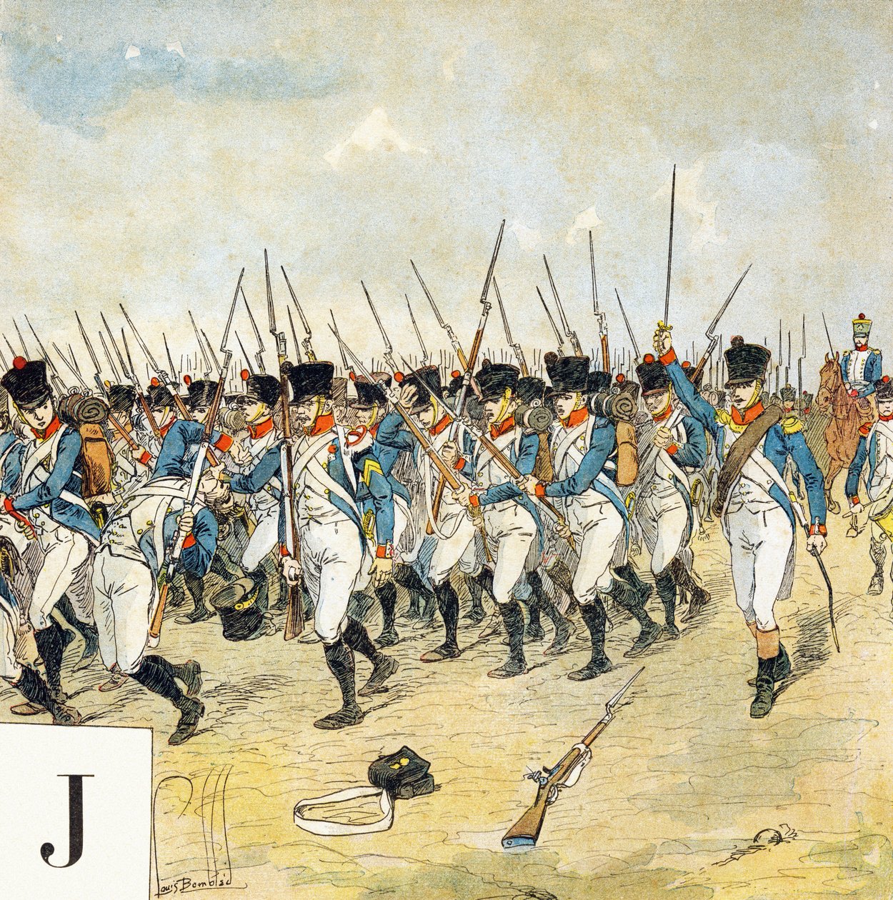 Bogstav J: Ung vagt, "Je serai soldat" (Jeg vil være soldat) - Militært alfabet af Louis Charles Bombled
