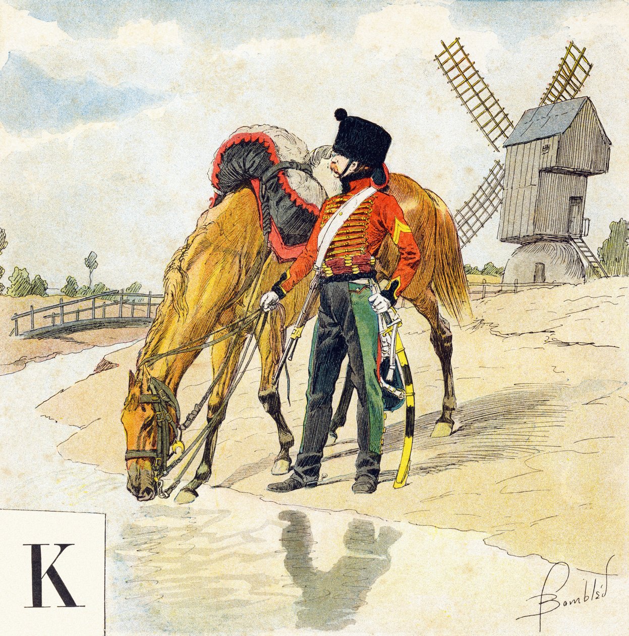 Bogstav K: Kolbach (colback, colbaque), hat fra de franske ryttere fra det første og andet imperium, "Je serai soldat" (Jeg vil være en soldat) - Militært alfabet af Louis Charles Bombled