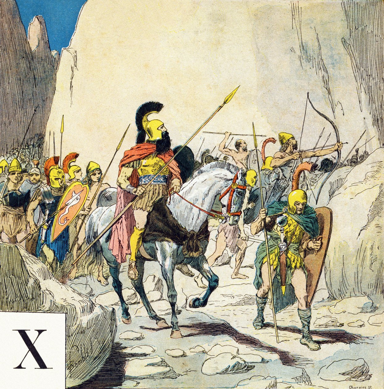 Bogstav X: Xenophon (430-355 f.Kr.), græsk militærleder, og hans hær, "Je serai soldat" (Jeg vil være en soldat) - Militært alfabet af Louis Charles Bombled