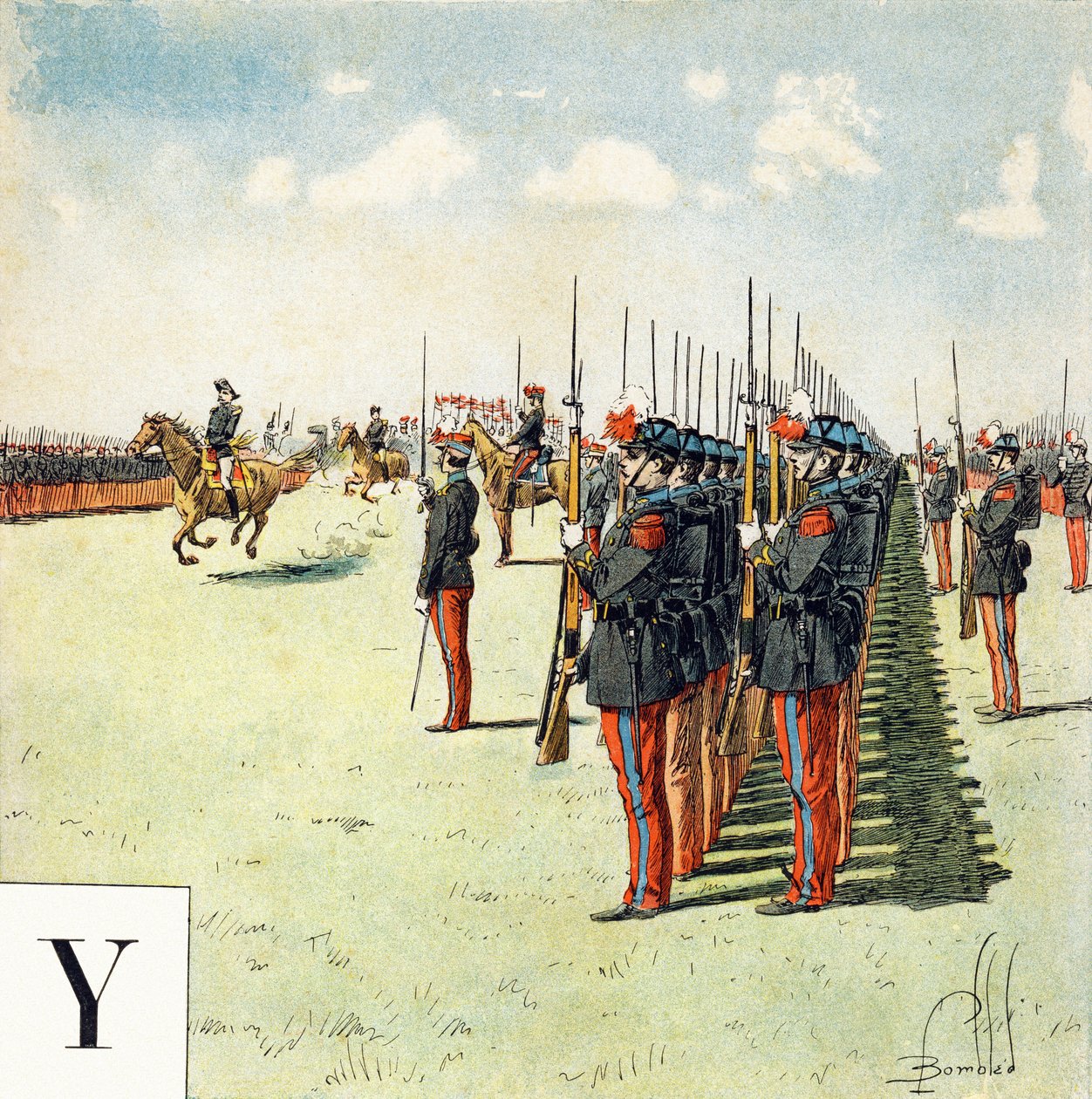 Bogstav Y: elever fra militærskolen Saint Cyr (Saint-Cyr), "Je serai soldat" (Jeg vil være en soldat) - Militært alfabet af Louis Charles Bombled