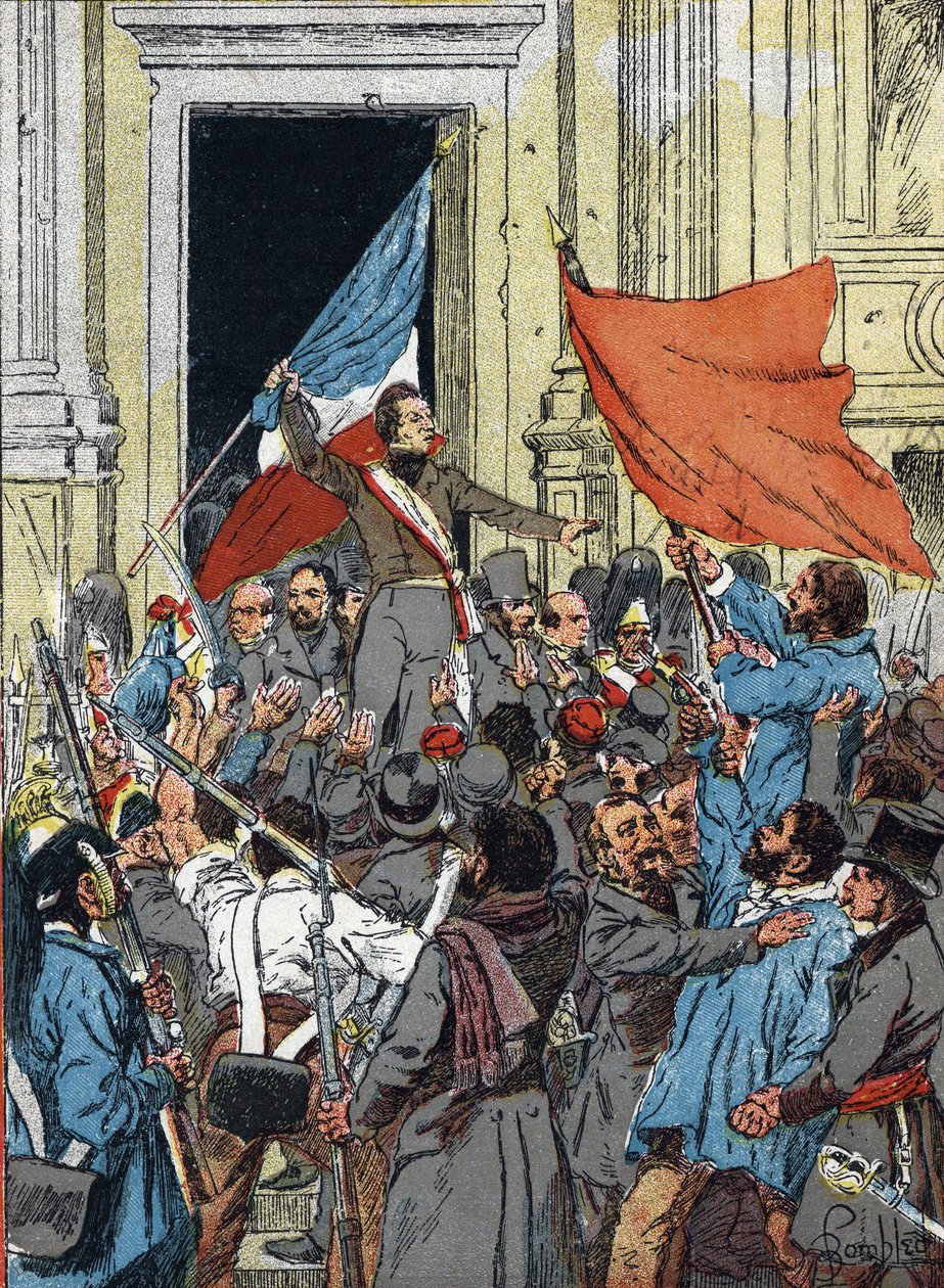 Proklamation af Den Anden Republik, Revolution af 1848: Alphonse de Lamartine (1790-1869), der nægtede det røde flag som republikkens emblem og foretrak det trefarvede flag, under en tale ved rådhuset i Paris, 25. februar af Louis Charles Bombled