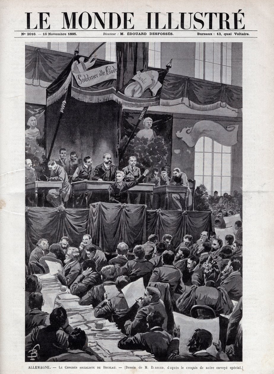 Tale af August Bebel (1840-1913) under den socialistiske kongres i Breslau i TYSKLAND i 1895 - Indgravering i "The Illustrous World" fra 1895 - Tegning af Bombled. af Louis Charles Bombled