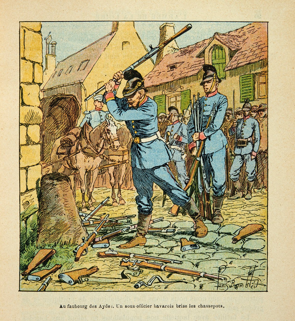 Armee de la Loire af Eugene Sergent, kendt som Grenest, illustreret af Louis Bombled (1862-1927) (den fransk-tyske krig; kampagne 1870-1871): Efter erobringen af byen Orleans i oktober 1870, en bayersk underofficer knækkede jægerne. (rifler tilbage af Louis Charles Bombled