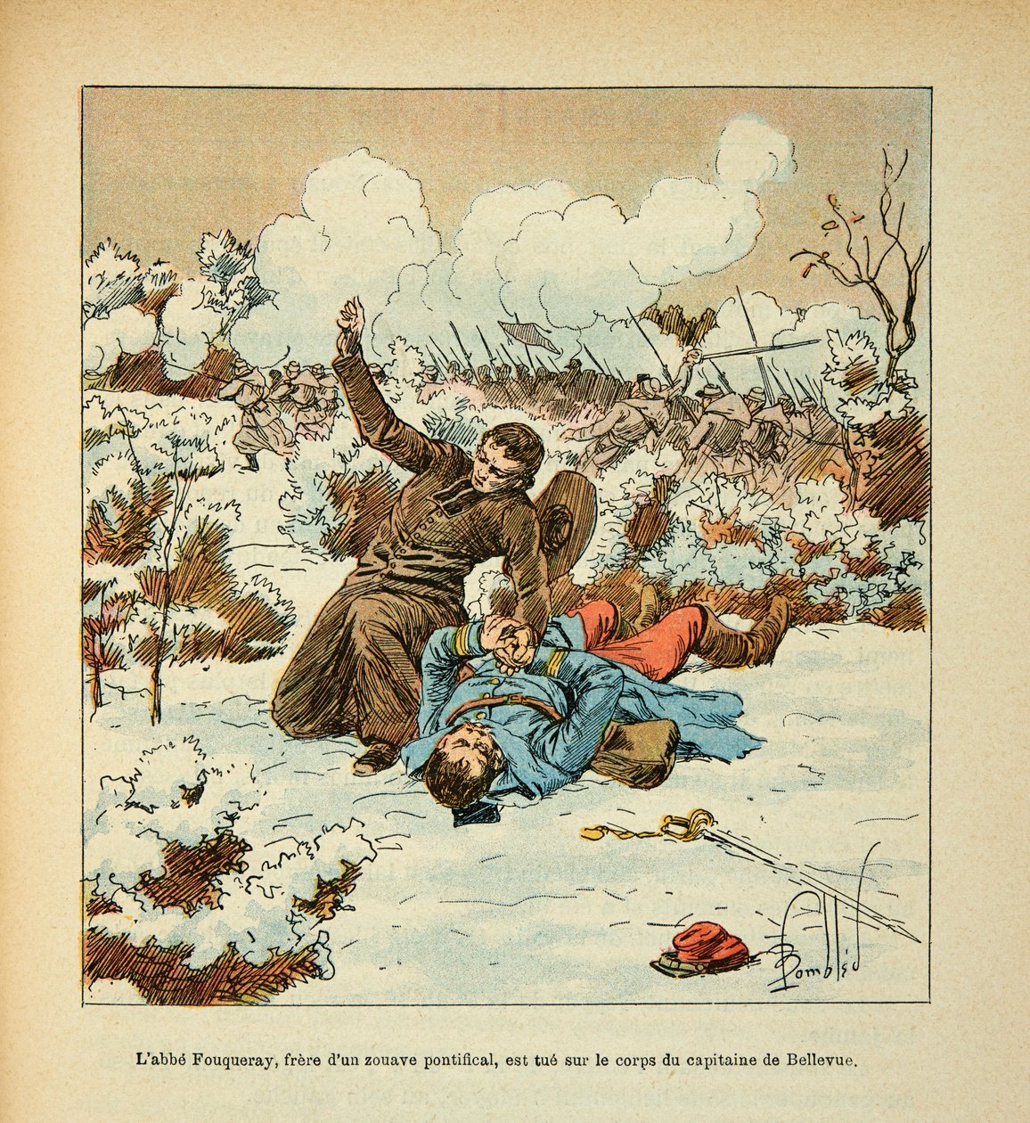 The Armee of the Loire af Eugene Sergeant, dit Grenest, illustreret af Louis Bombled (1862-1927) (fransk-tyske krig; kampagne 1870 -1871): Abbe Fouqueray, bror til en pavelig Zouave, bliver dræbt på liget af kaptajn Bellevue, Privat Samling af Louis Charles Bombled