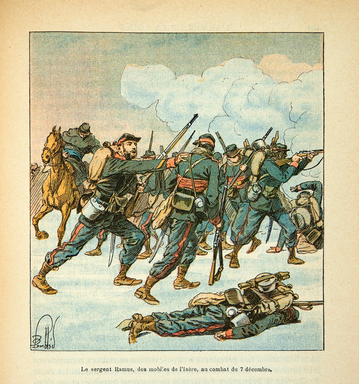 Armee of the Loire af Eugene Sergeant, kendt som Grenest, illustreret af Louis Bombled (1862-1927) (Den fransk-tyske krig; felttoget i 1870-1871): Sergent Ramus fra Isere-mobilen i slaget den 7. december af Louis Charles Bombled