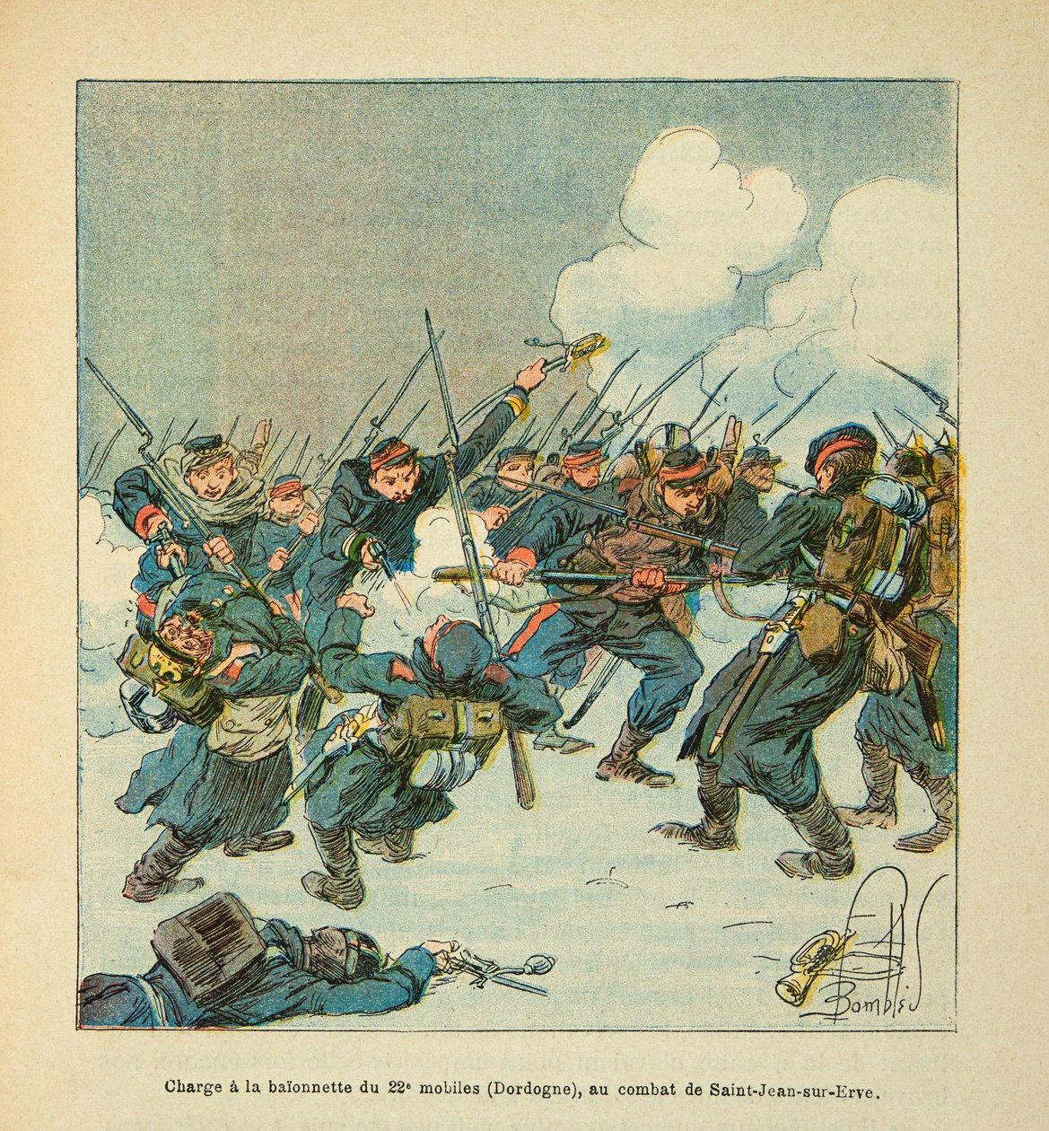 The Armee of the Loire af Eugene Sergeant, kendt som Grenest, illustreret af Louis Bombled (1862-1927) (den fransk-tyske krig; kampagne 1870 -1871): angreb til baionetten af den 22. mobil (Dordogne) i slaget ved Saint Jean sur Evre i januar 1871, P af Louis Charles Bombled