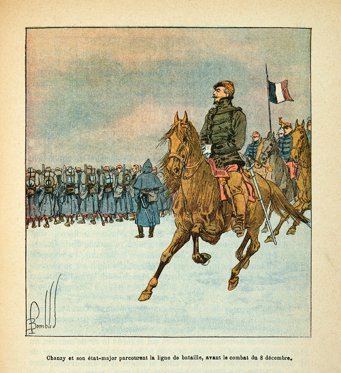The Armee of the Loire af Eugene Sergent, kendt som Grenest, illustreret af Louis Bombled (1862-1927) (den fransk-tyske krig; kampagne 1870-1871): General Chanzy og hans stab rejser slaglinjen før kampene den 8. december 1870, Privat Samling af Louis Charles Bombled